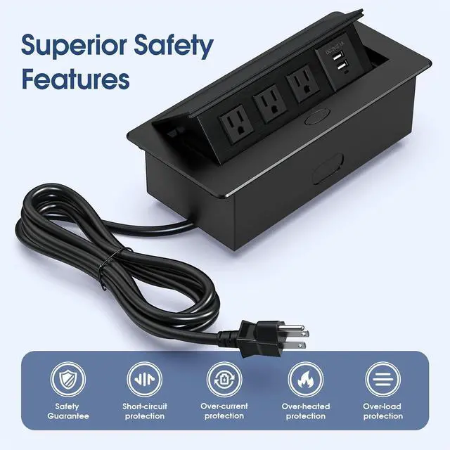 Alt view image 2 of 6 - Connection Box Desktop Pop Up Outlet with 2 USB Ports & 3 Outlets(Black)
