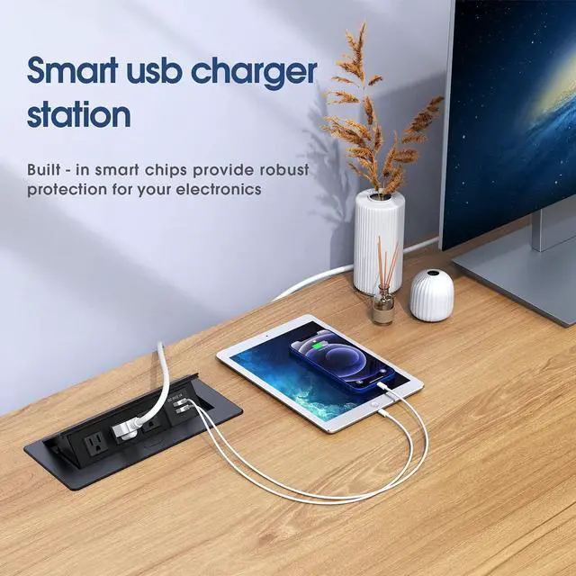 Alt view image 6 of 6 - Connection Box Desktop Pop Up Outlet with 2 USB Ports & 3 Outlets(Black)