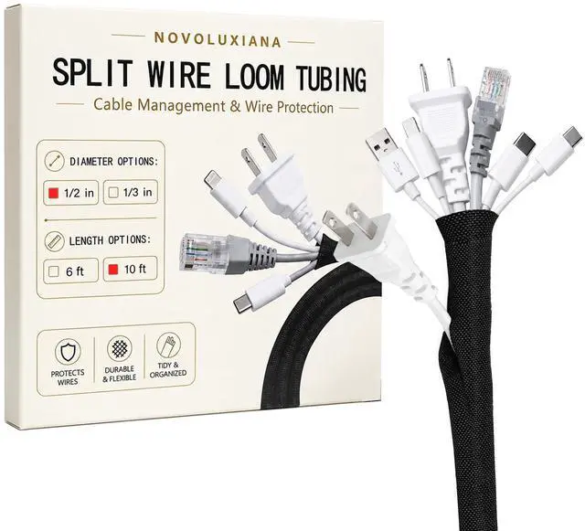 Main image of 1/2 Inch Split Wire Loom Tubing 10 FT, Black Cable Sleeve for Wires | Abrasion Resistant Wire Protection for Cars, Trucks, Motorcycles and Electrical Harnesses