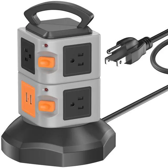 Main image of Tower Power Strip with 2 USB Ports, 7-Outlet Vertical Tower with 6.5FT Extension Cord, 2 Switches & Handle, Overload Protection, ETL Listed, 2500W for Home Office Dorm, Black Gray
