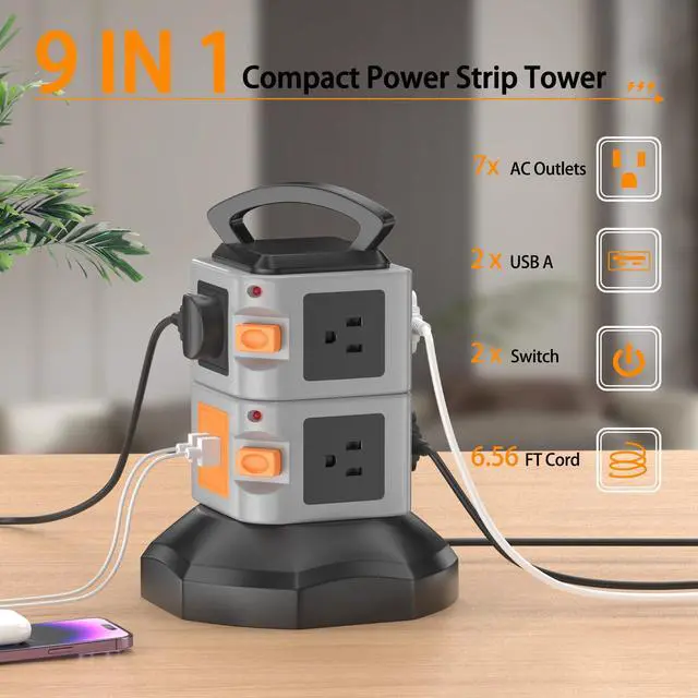 Alt view image 2 of 7 - Tower Power Strip with 2 USB Ports, 7-Outlet Vertical Tower with 6.5FT Extension Cord, 2 Switches & Handle, Overload Protection, ETL Listed, 2500W for Home Office Dorm, Black Gray