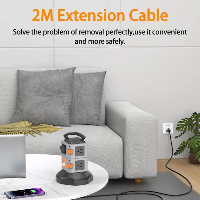 Alt view image 3 of 7 - Tower Power Strip with 2 USB Ports, 7-Outlet Vertical Tower with 6.5FT Extension Cord, 2 Switches & Handle, Overload Protection, ETL Listed, 2500W for Home Office Dorm, Black Gray