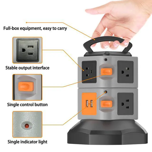 Alt view image 4 of 7 - Tower Power Strip with 2 USB Ports, 7-Outlet Vertical Tower with 6.5FT Extension Cord, 2 Switches & Handle, Overload Protection, ETL Listed, 2500W for Home Office Dorm, Black Gray