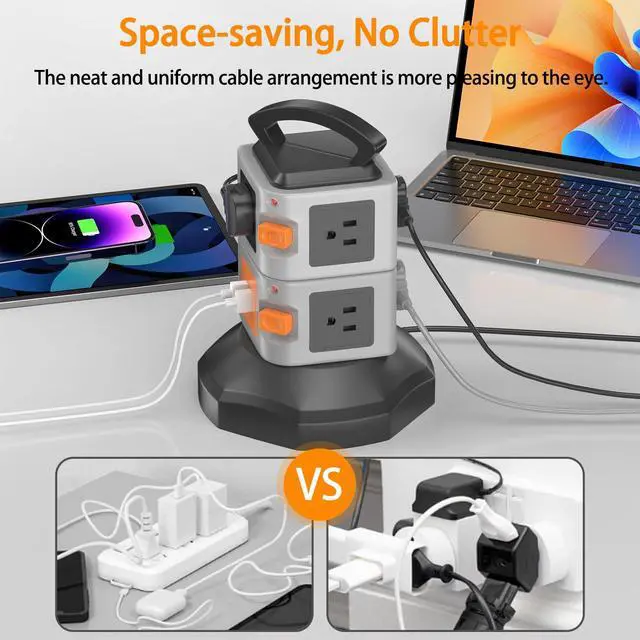 Alt view image 5 of 7 - Tower Power Strip with 2 USB Ports, 7-Outlet Vertical Tower with 6.5FT Extension Cord, 2 Switches & Handle, Overload Protection, ETL Listed, 2500W for Home Office Dorm, Black Gray
