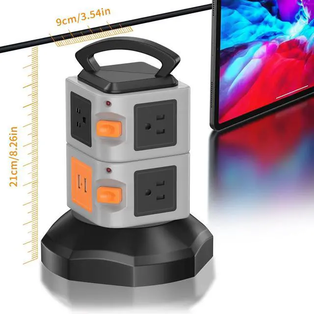 Alt view image 7 of 7 - Tower Power Strip with 2 USB Ports, 7-Outlet Vertical Tower with 6.5FT Extension Cord, 2 Switches & Handle, Overload Protection, ETL Listed, 2500W for Home Office Dorm, Black Gray
