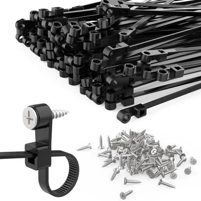 Main image of 150 Pcs 12 inch Zip Ties with Screw Hole + 150 Pcs Screws | 50LBS Black Plastic Ties with Screw Holes and Mounting Screws for Automotive, Fencing & Outdoor Wire Management