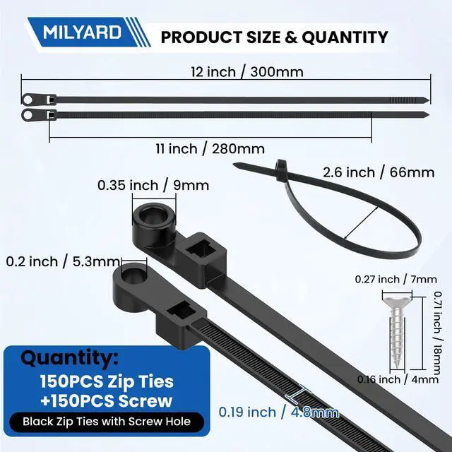 Alt view image 2 of 7 - 150 Pcs 12 inch Zip Ties with Screw Hole + 150 Pcs Screws | 50LBS Black Plastic Ties with Screw Holes and Mounting Screws for Automotive, Fencing & Outdoor Wire Management