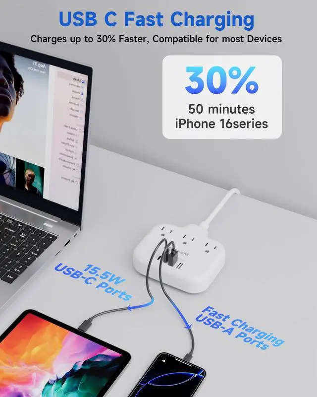 Alt view image 2 of 6 - 2 Prong to 3 Prong Outlet Adapter with 3 Outlets & 4 USB(2 USB-C), 5FT Extension Cord 2 Prong Outlet, Polarized, for Old House, White