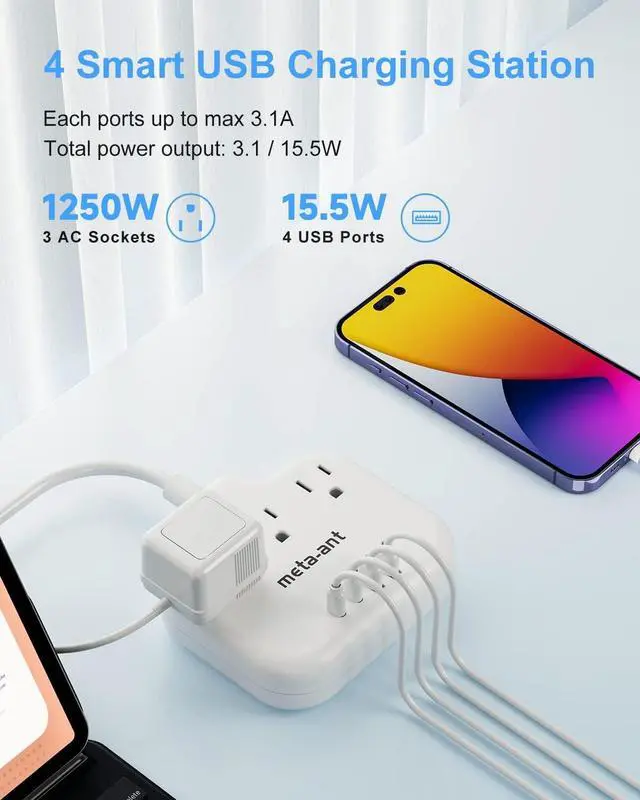 Alt view image 4 of 6 - 2 Prong to 3 Prong Outlet Adapter with 3 Outlets & 4 USB(2 USB-C), 5FT Extension Cord 2 Prong Outlet, Polarized, for Old House, White