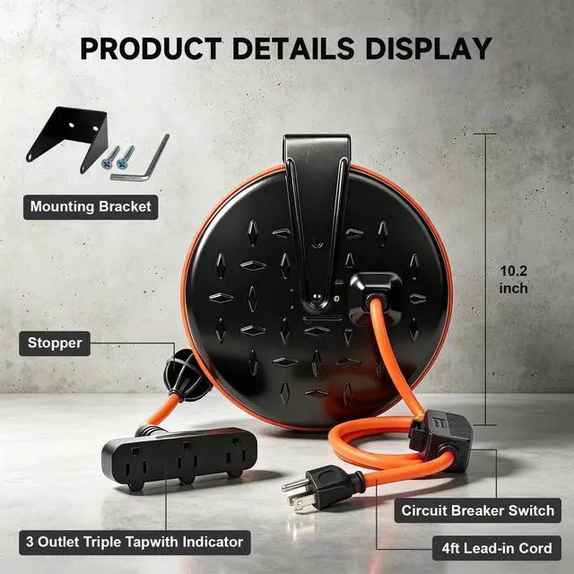 Alt view image 2 of 6 - 16/3 Gauge Retractable Extension Cord Reel 30 FT, 3 Outlets | Retractable Power Cord, 10A Circuit Breaker, Wall or Ceiling Mountable for Garage, Workshop, UL Listed, Orange