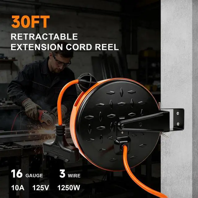 Alt view image 3 of 6 - 16/3 Gauge Retractable Extension Cord Reel 30 FT, 3 Outlets | Retractable Power Cord, 10A Circuit Breaker, Wall or Ceiling Mountable for Garage, Workshop, UL Listed, Orange