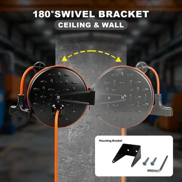 Alt view image 6 of 6 - 16/3 Gauge Retractable Extension Cord Reel 30 FT, 3 Outlets | Retractable Power Cord, 10A Circuit Breaker, Wall or Ceiling Mountable for Garage, Workshop, UL Listed, Orange