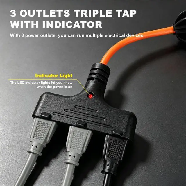 Alt view image 5 of 6 - 16/3 Gauge Retractable Extension Cord Reel 30 FT, 3 Outlets | Retractable Power Cord, 10A Circuit Breaker, Wall or Ceiling Mountable for Garage, Workshop, UL Listed, Orange
