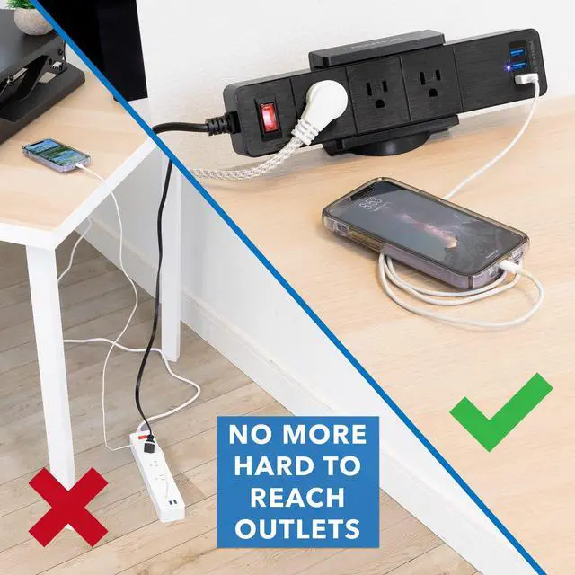 Alt view image 2 of 7 - Desk Clamp Power Strip, 3 Outlets & 3 USB Ports | Surge-protected clamp mount fits desks 0.4-2" thick, built-in cable management for standing desks & home offices