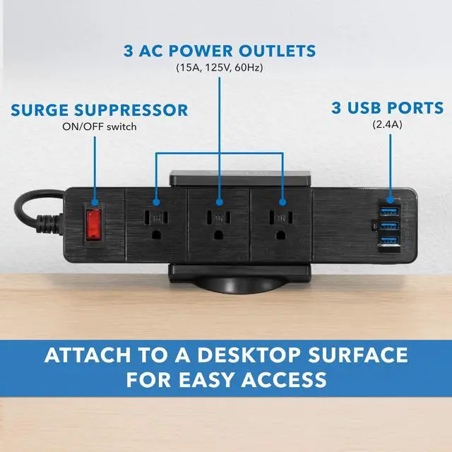 Alt view image 3 of 7 - Desk Clamp Power Strip, 3 Outlets & 3 USB Ports | Surge-protected clamp mount fits desks 0.4-2" thick, built-in cable management for standing desks & home offices