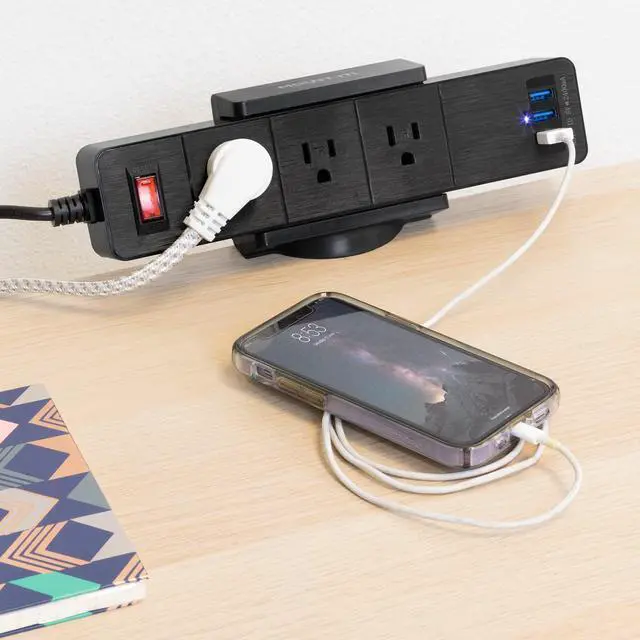Alt view image 4 of 7 - Desk Clamp Power Strip, 3 Outlets & 3 USB Ports | Surge-protected clamp mount fits desks 0.4-2" thick, built-in cable management for standing desks & home offices
