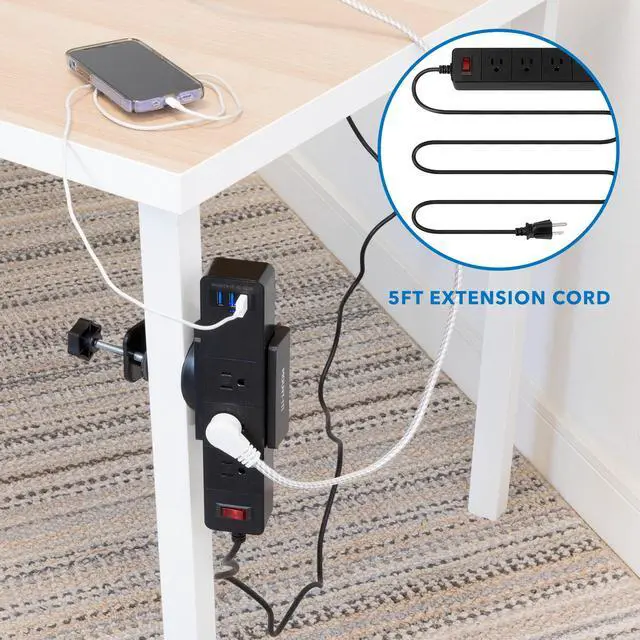 Alt view image 6 of 7 - Desk Clamp Power Strip, 3 Outlets & 3 USB Ports | Surge-protected clamp mount fits desks 0.4-2" thick, built-in cable management for standing desks & home offices
