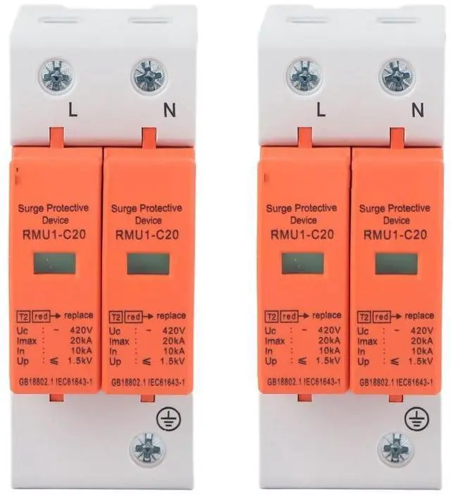 Main image of 2Pcs 2P DIN Rail Thunder Protector 420V SPD Arrester Protective Device Maximum C20/40/60KA for Home Circuit Breaker with Visual Indicator(20KA)