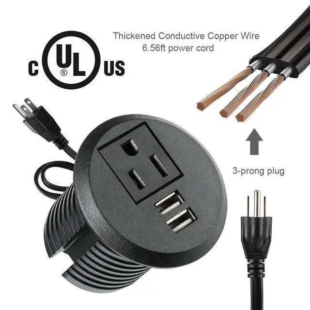 Alt view image 2 of 6 - Desktop Power Grommet,2inch Hole Table Power Grommet Outlet with 2 USB Charging Ports,6.5ft Extension Cord Desk Power Strip with 1 Outlets for Computer,Table, Kitchen, Office,Home,Hotel and More