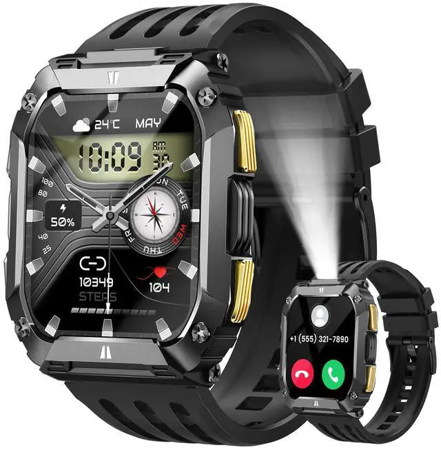 Main image of Smart Watches for Men Fitness Watch: 100 Days Battery Life/Call/Answer 1.95'' Mens Military Smart Watch for Android & iPhone, Fitness Tracker with Flashlight/Heart Rate Sleep Monitor/100+ Sport Modes