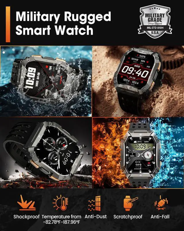 Alt view image 4 of 6 - Smart Watches for Men Fitness Watch: 100 Days Battery Life/Call/Answer 1.95'' Mens Military Smart Watch for Android & iPhone, Fitness Tracker with Flashlight/Heart Rate Sleep Monitor/100+ Sport Modes