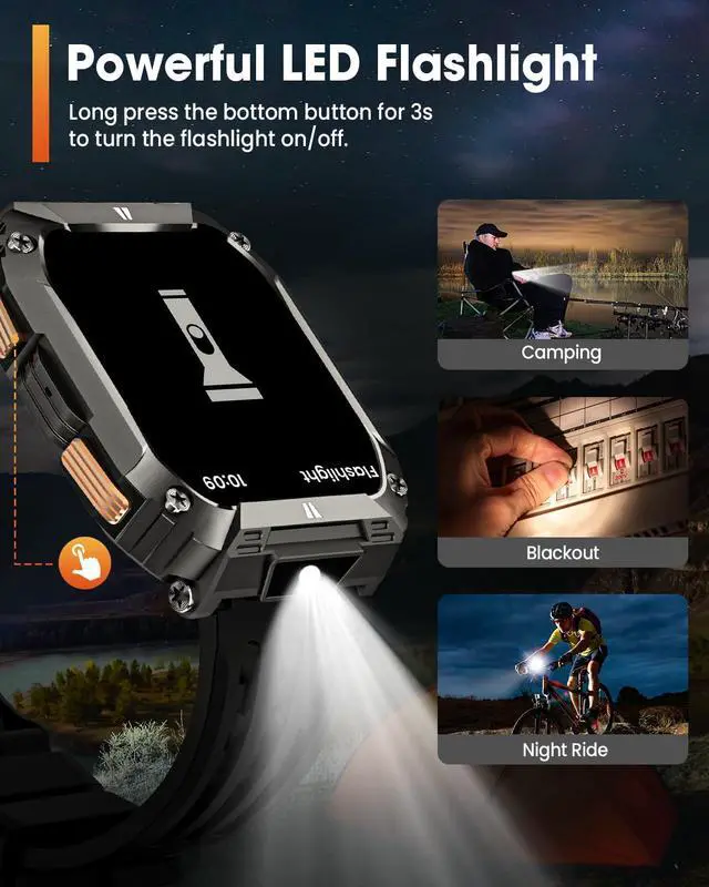 Alt view image 5 of 6 - Smart Watches for Men Fitness Watch: 100 Days Battery Life/Call/Answer 1.95'' Mens Military Smart Watch for Android & iPhone, Fitness Tracker with Flashlight/Heart Rate Sleep Monitor/100+ Sport Modes