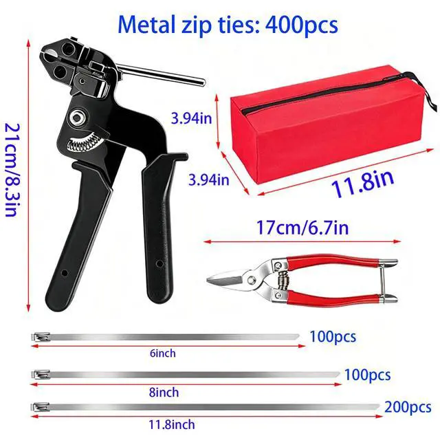 Alt view image 2 of 7 - Heavy metal cable ties, 400 pcs metal cable tie gun set, 6/8/11.8in | 304 stainless steel, multifunctional self-locking cable tie kit, suitable for fences, farms, cables, pipelines, etc