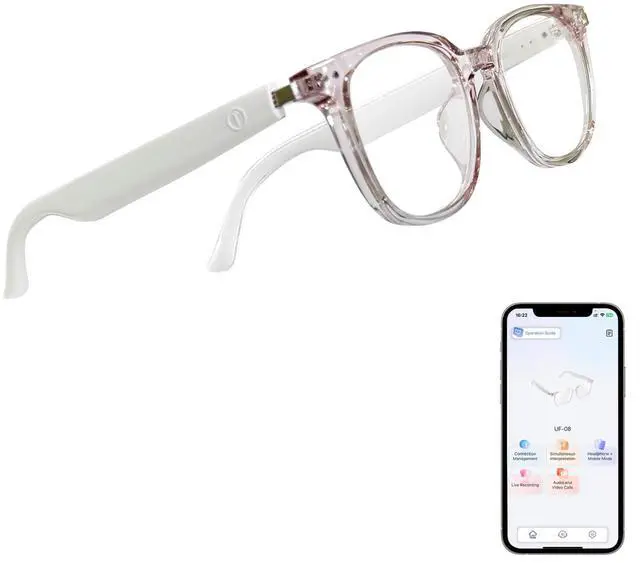 Main image of Bluetooth Glasses with AI Translation, Smart Glasses Open-Ear Audio | Bluetooth 5.3, AI Translation 169 Languages, Touch Control, Hands-Free Calls/Music, Built-in Mic Speakers, Clear Pink Frame