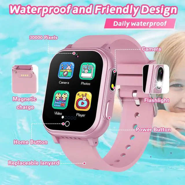 Alt view image 3 of 6 - Kids Waterproof Smart Watch, 32 Games HD Touchscreen Kids Watch with Dual Camera Video Music Player Pedometer Flashlight 12/24 hr Christmas Birthday Gifts for Girls Ages 4 5 6 7 8 9 10