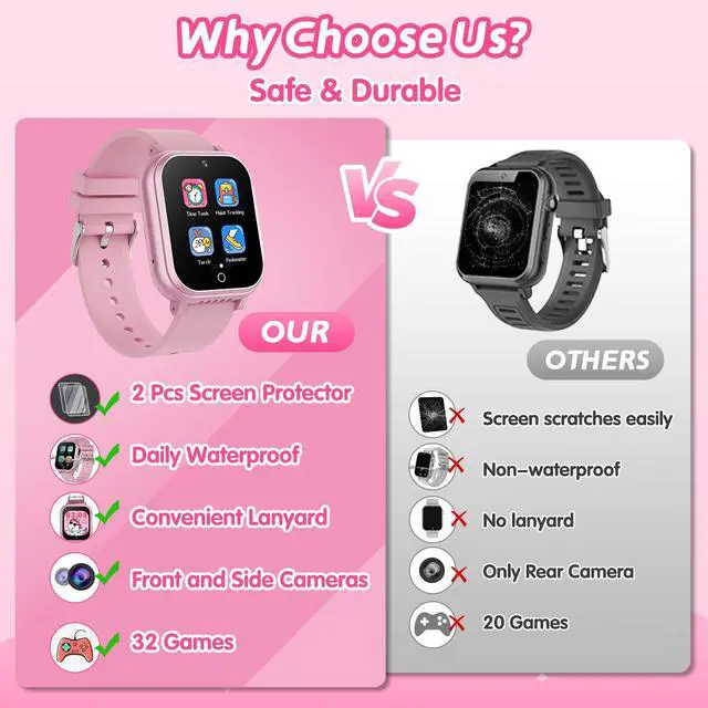 Alt view image 6 of 6 - Kids Waterproof Smart Watch, 32 Games HD Touchscreen Kids Watch with Dual Camera Video Music Player Pedometer Flashlight 12/24 hr Christmas Birthday Gifts for Girls Ages 4 5 6 7 8 9 10