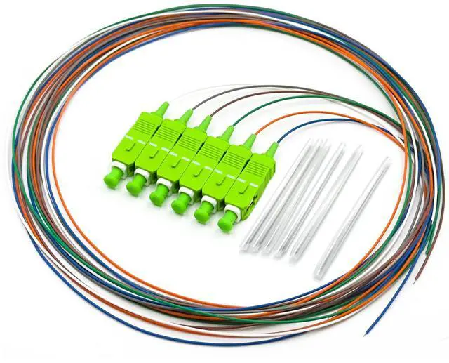 Main image of 1.5 Meter 6 Strand Single Mode SC APC Fiber Pigtail, 9/125um, OS1/OS2 Compatible, Includes 6 Fiber Optic Fusion Splice Protective Shrink Sleeves