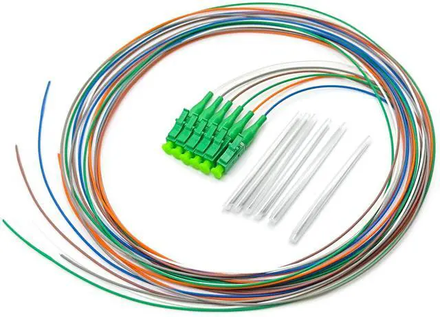Main image of 1.5 Meter 6 Strand Single Mode LC APC Fiber Pigtail, 9/125um, OS1/OS2 Compatible, Includes 6 Fiber Optic Fusion Splice Protective Shrink Sleeves