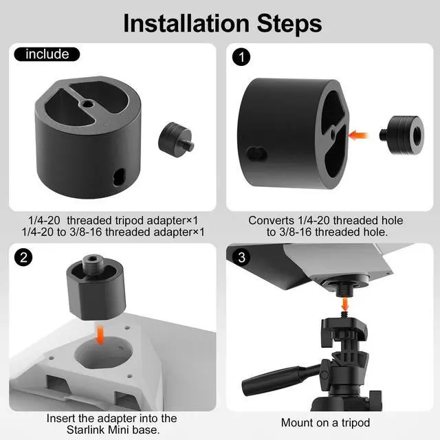 Alt view image 6 of 6 - Starlink Mini Tripod Adapter Fits 2026-2024 Mini Pipe Mount, CNC Aluminum | 1/4''-20 & 3/8"-16 Thread, Starlink Mini Accessories for Quick Release Plates, Tripods, Clamps, Ram and Ball Mounts