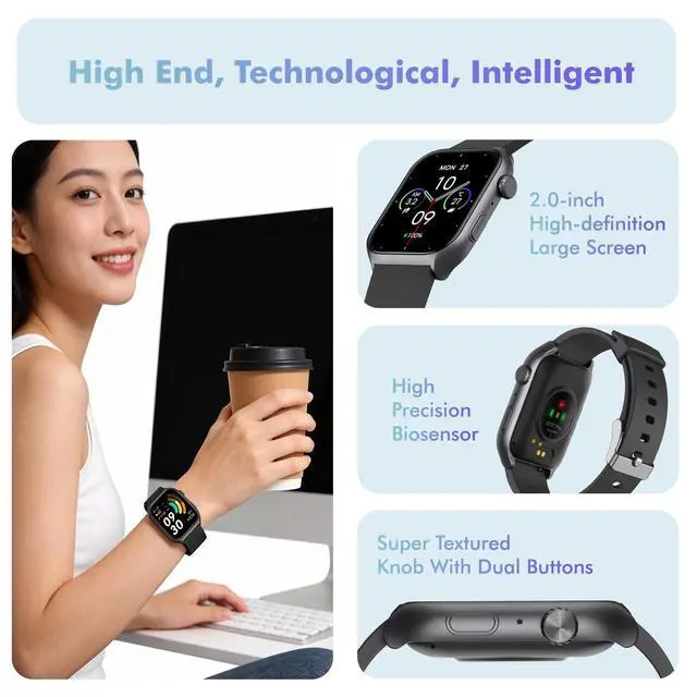 Alt view image 5 of 6 - Android Smart Watch for Women - Bluetooth Call,Compatible with Android & iOS2.0" HD Screen, Heart Rate/Sleep/Step Tracker, 100+ Sports Modes,IP68 Waterproof Men Fitness Tracker (Black)