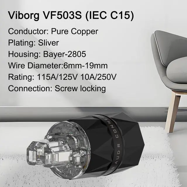 Alt view image 3 of 6 - HiFi Power Connector, VF503S, Silver-Plated Pure Copper Non-Magnetic, 15A/125V 10A/250V AC, Audio Mains Plug, Set Screws, Hi-End IEC C15 Power Plug for DIY Audiophile Power Cord