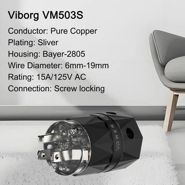 Alt view image 3 of 6 - HiFi Power Plug, Silver-Plated Pure Copper, VM503S, Non-Magnetic, 15A/125V AC Mains Plug, Audio Grade Power Plug, Set Screws, Hi-End US Power Connector for DIY Audiophile Power Cord