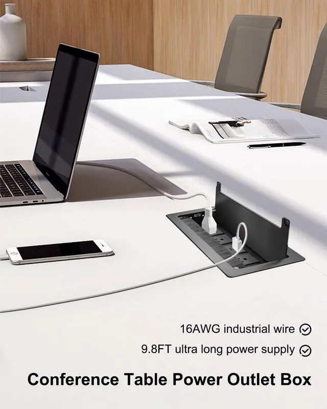 Alt view image 2 of 6 - Conference Table Power Hub with Type-C Fast Charging, 3 AC Outlets | Hidden Desktop Power Hub with 20W Type-C Charging, 3 AC Outlets & 9.8FT Cord for Office Conference Tables