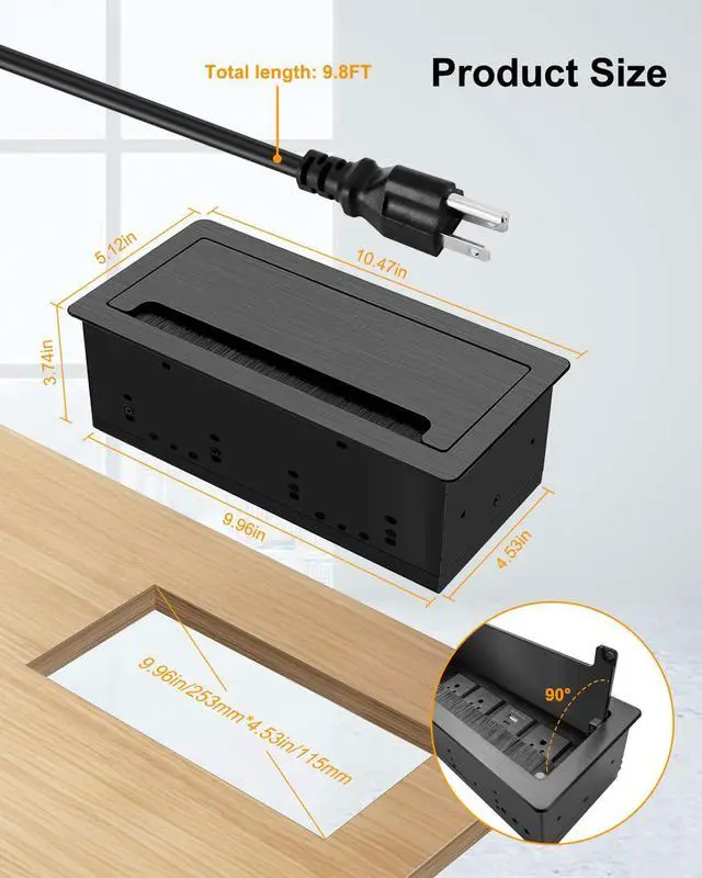 Alt view image 3 of 6 - Conference Table Power Hub with Type-C Fast Charging, 3 AC Outlets | Hidden Desktop Power Hub with 20W Type-C Charging, 3 AC Outlets & 9.8FT Cord for Office Conference Tables