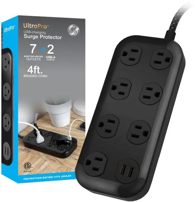 Main image of Sur Protector Power Strip with USB Ports, 4 Ft Braided Extension Cord | 1470 Joules, 7 Outlet Extender (Wide Spaced), 2 USB-A, Flat Plug, Wall Mount, Charging Station, ETL Listed, Black, 82593