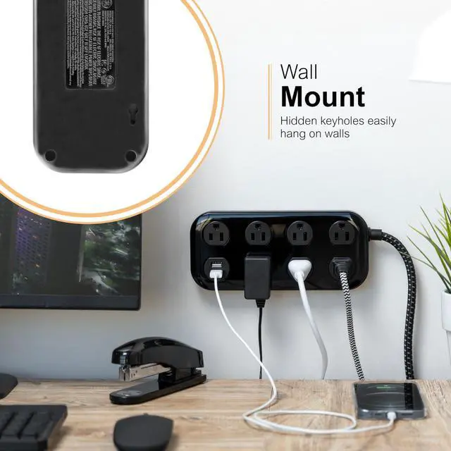 Alt view image 2 of 6 - Sur Protector Power Strip with USB Ports, 4 Ft Braided Extension Cord | 1470 Joules, 7 Outlet Extender (Wide Spaced), 2 USB-A, Flat Plug, Wall Mount, Charging Station, ETL Listed, Black, 82593