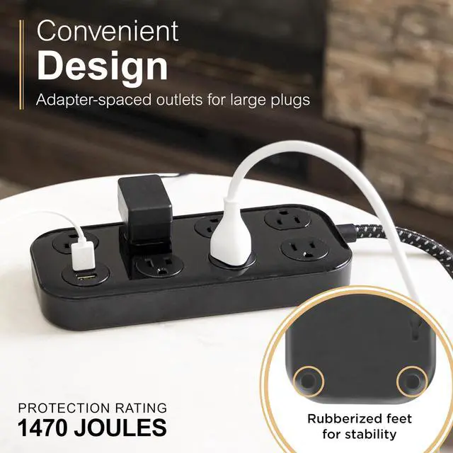 Alt view image 3 of 6 - Sur Protector Power Strip with USB Ports, 4 Ft Braided Extension Cord | 1470 Joules, 7 Outlet Extender (Wide Spaced), 2 USB-A, Flat Plug, Wall Mount, Charging Station, ETL Listed, Black, 82593