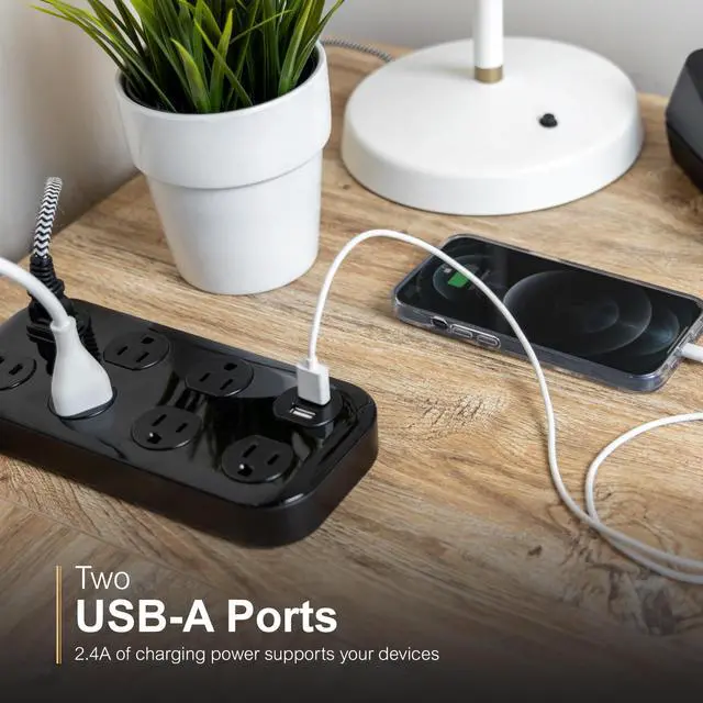 Alt view image 4 of 6 - Sur Protector Power Strip with USB Ports, 4 Ft Braided Extension Cord | 1470 Joules, 7 Outlet Extender (Wide Spaced), 2 USB-A, Flat Plug, Wall Mount, Charging Station, ETL Listed, Black, 82593