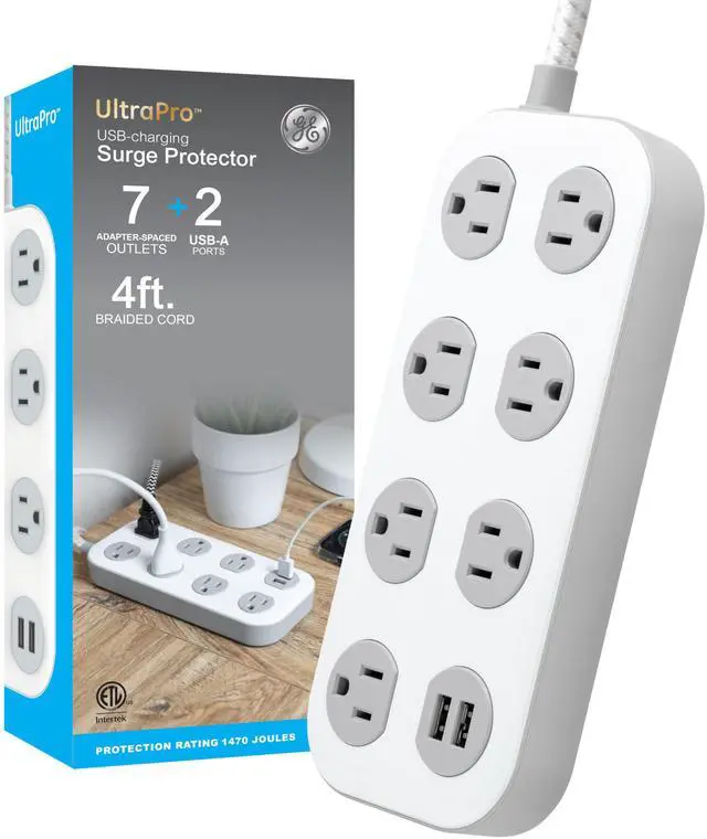Main image of Sur Protector Power Strip with USB Ports, 4 Ft Braided Extension Cord | 1470 Joules, 7 Outlet Extender (Wide Spaced), 2 USB-A, Flat Plug, Wall Mount, ETL Safety Certified, White/Gray, 81780