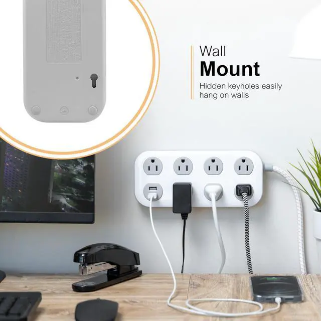 Alt view image 2 of 6 - Sur Protector Power Strip with USB Ports, 4 Ft Braided Extension Cord | 1470 Joules, 7 Outlet Extender (Wide Spaced), 2 USB-A, Flat Plug, Wall Mount, ETL Safety Certified, White/Gray, 81780