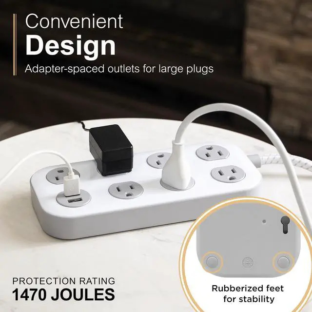 Alt view image 3 of 6 - Sur Protector Power Strip with USB Ports, 4 Ft Braided Extension Cord | 1470 Joules, 7 Outlet Extender (Wide Spaced), 2 USB-A, Flat Plug, Wall Mount, ETL Safety Certified, White/Gray, 81780