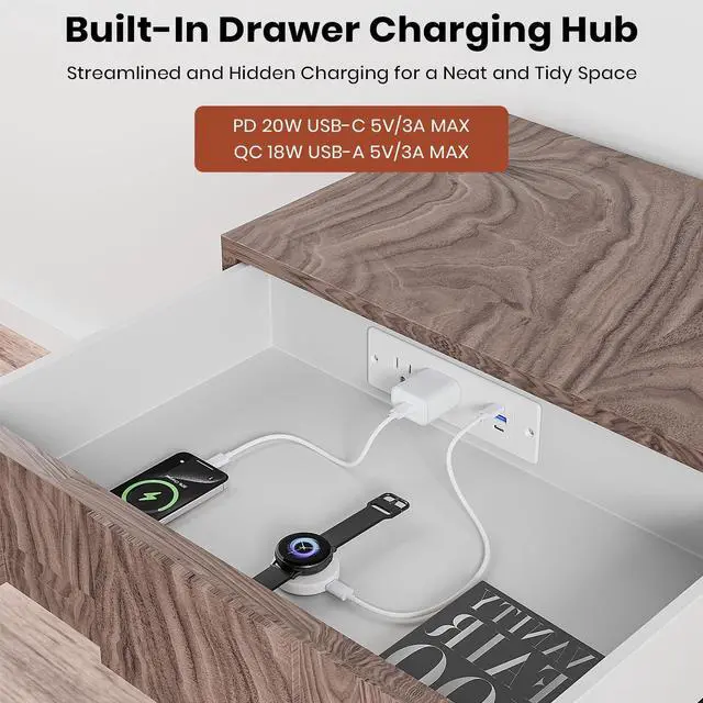 Alt view image 3 of 7 - Recessed Furniture Drawer Outlet with 3 Fast-Charging USB Ports & 2 AC Outlets 5 FT Spring Cord- White