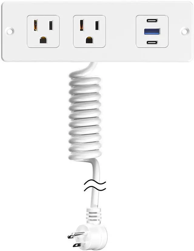 Main image of Recessed Furniture Drawer Outlet with 3 Fast-Charging USB Ports & 2 AC Outlets 5 FT Spring Cord- White