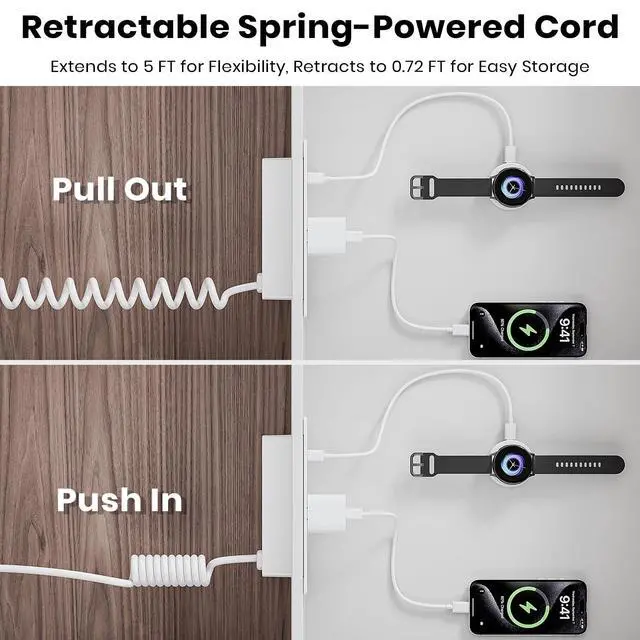 Alt view image 4 of 7 - Recessed Furniture Drawer Outlet with 3 Fast-Charging USB Ports & 2 AC Outlets 5 FT Spring Cord- White