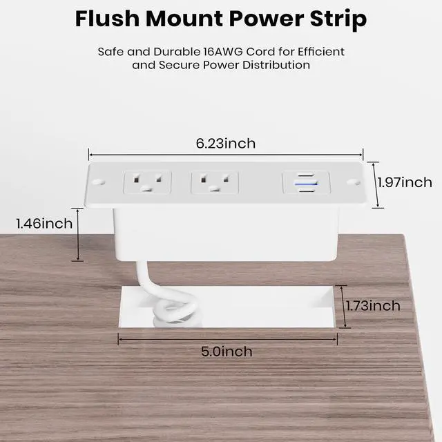 Alt view image 6 of 7 - Recessed Furniture Drawer Outlet with 3 Fast-Charging USB Ports & 2 AC Outlets 5 FT Spring Cord- White