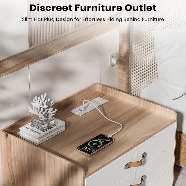 Alt view image 7 of 7 - Recessed Furniture Drawer Outlet with 3 Fast-Charging USB Ports & 2 AC Outlets 5 FT Spring Cord- White